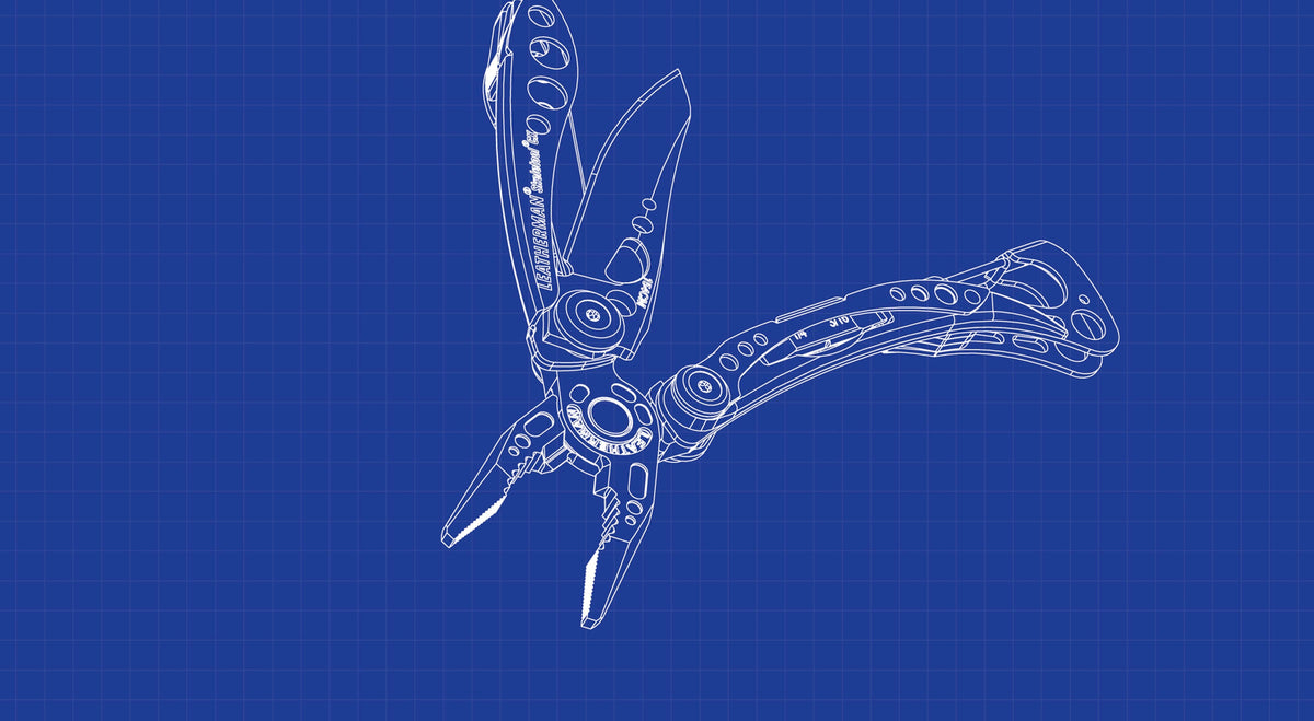 Leatherman Skeletool® CX blueprint illustration on a blue background.