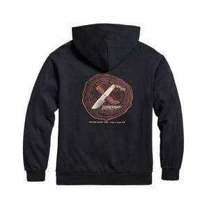 Translation missing: en.Back of the black Blade &amp; Grain hoodie displaying a fixed blade knife and a leather sheath on a stump