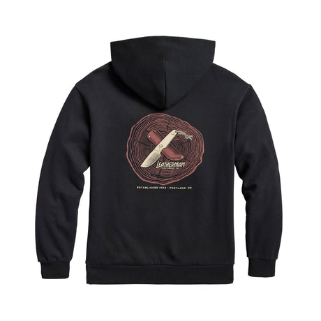 Translation missing: en.Back of the black Blade &amp; Grain hoodie displaying a fixed blade knife and a leather sheath on a stump