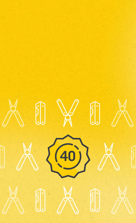 Translation missing: en.Yellow background with multi-tools and a badge highlighting 40 years of excellence in craftsmanship