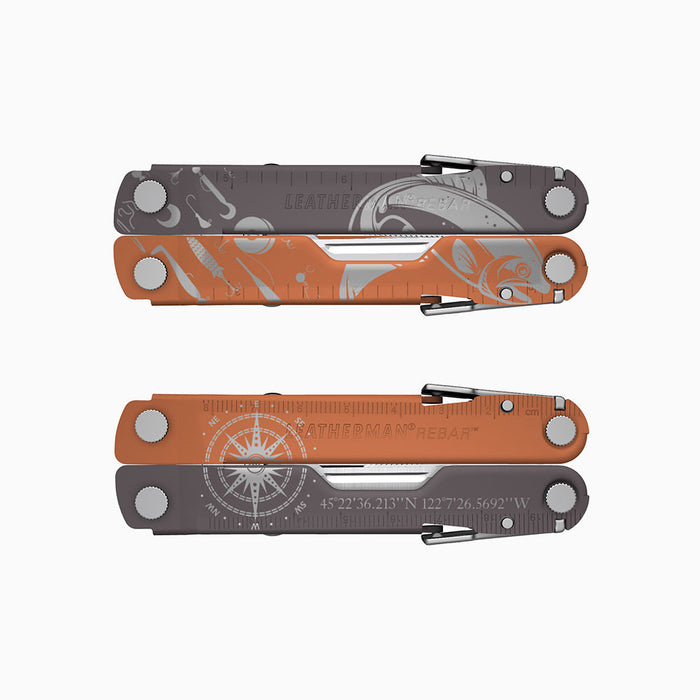 Translation missing: en.A two-tone burnt sienna color Leatherman Rebar multitool, engraved with fishing imagery, a compass, and geographic coordinates (45°22'36.213"N 122°76.2692"W) for presumably a good fishing spot