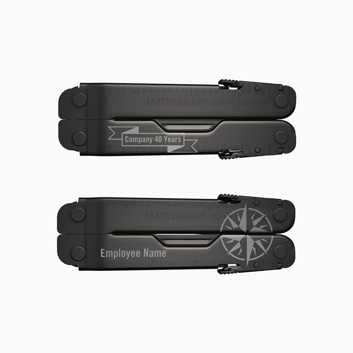 Translation missing: en.A black Leatherman Super Tool 300 multitool customized with “Company 40 Years” inside a banner on one handle and “Employee Name” with a compass graphic on the other