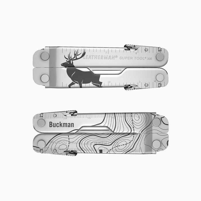 Translation missing: en.A stainless steel Leatherman Super Tool 300 engraved with a topographic map and a large elk silhouette. A placeholder name “Buckman” appears above the topographic design. 