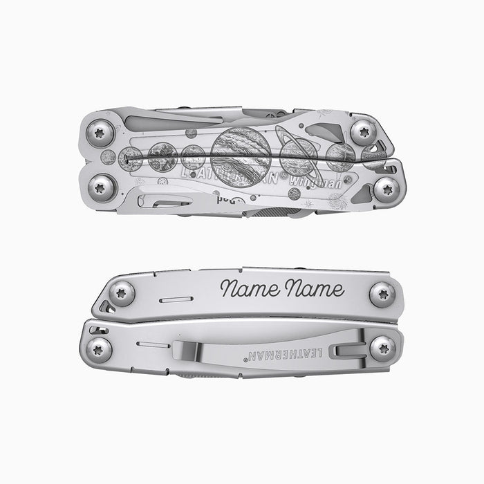 Translation missing: en.A stainless steel Leatherman Wingman multitool with engraved celestial bodies and planetary artwork. One handle side is personalized with the placeholder text “Name Name.” 