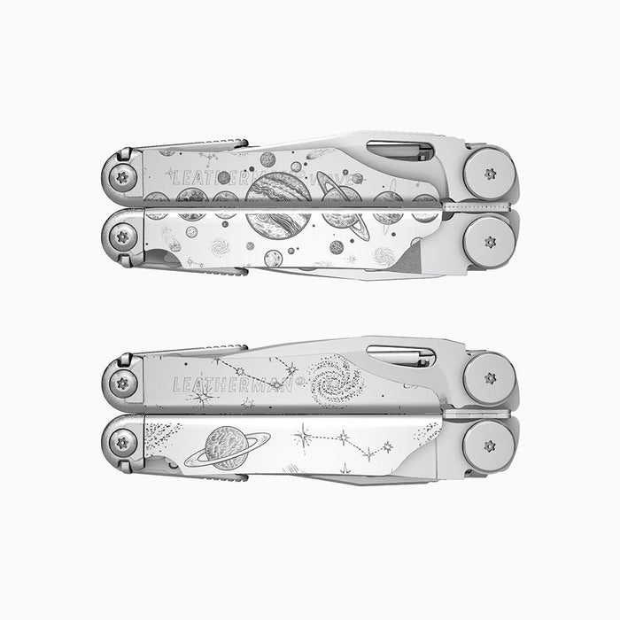 Translation missing: en.A stainless steel Leatherman Wave+ multitool engraved with a space-themed design featuring planets, stars, and cosmic illustrations