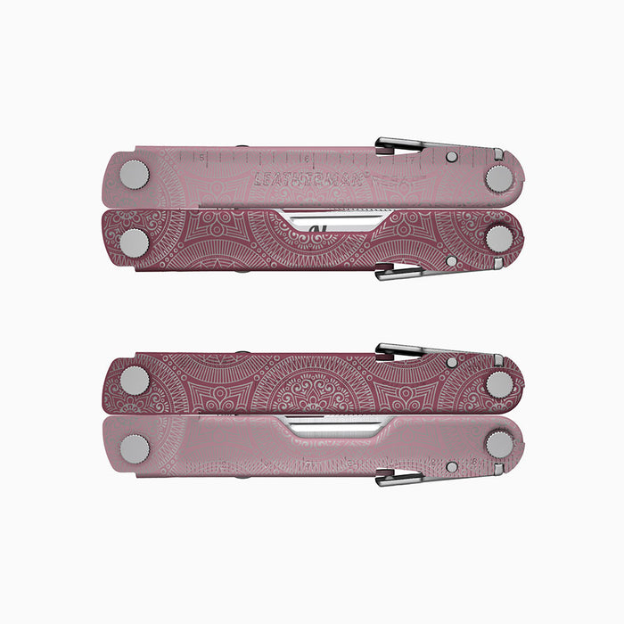 Translation missing: en.A cranberry-colored Leatherman Rebar multitool with intricate mandala-style engravings. The knife blade is personalized with a placeholder for “Name.”
