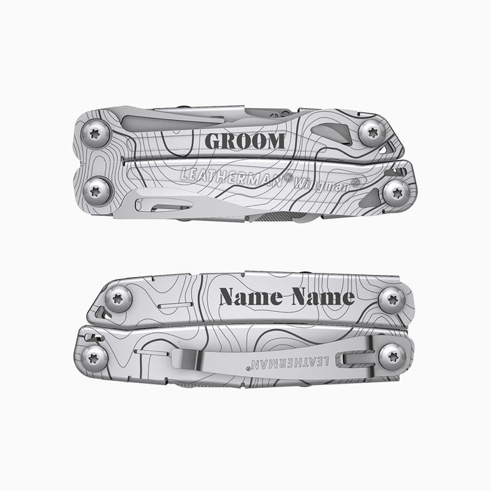 Translation missing: en.A stainless steel Leatherman Wingman multitool engraved with topographic map lines. One handle side features the word “GROOM,” while the other is personalized with “Name Name.”