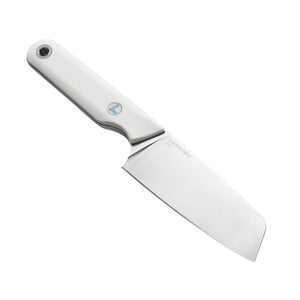 Translation missing: en.Leatherman Rustle Alpine knife, highlighting the logo on the white handle and the wide blade, set against a white backdrop