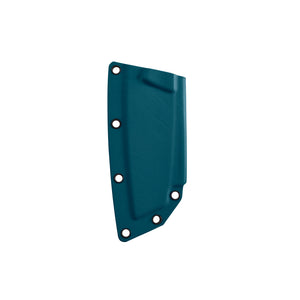 Translation missing: en.Teal molded knife sheath with multiple rivet holes for secure attachment, displayed on a white background