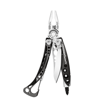 Translation missing: en.Skeletool® CX Black &amp; Stainless multitool open to pliers, knife blade, and bit driver