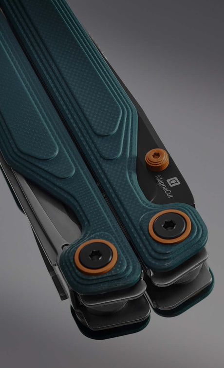 Translation missing: en.Close-up of a Leatherman Wave® Alpha multi-tool in Cascadia color, showcasing its textured handles and ergonomic design